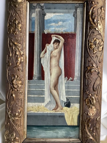 1920 Lady Nude Girl Bath Antique Art Nouveau Impression Oil Painting Gold Flower - Picture 8 of 12