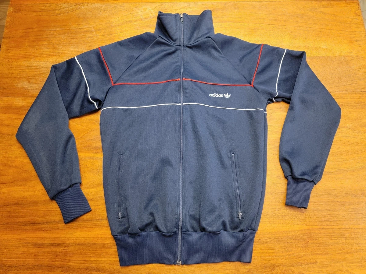 VTG 80s Adidas Full Zip Track Jacket Navy Blue w/ Red & White Woman’s Size Small
