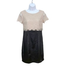 IN Studio Sheath Dress Sz 6P Black Cream Lace Top Satin Bottom Special Occasion