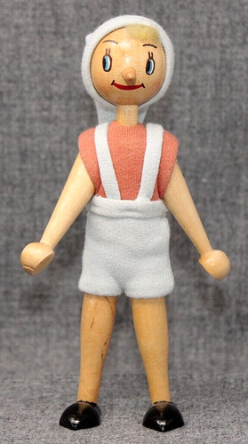 VINTAGE Wooden Peg Doll POLAND, PINOCCHIO in Lederhosen & Cap 7.25" EUC