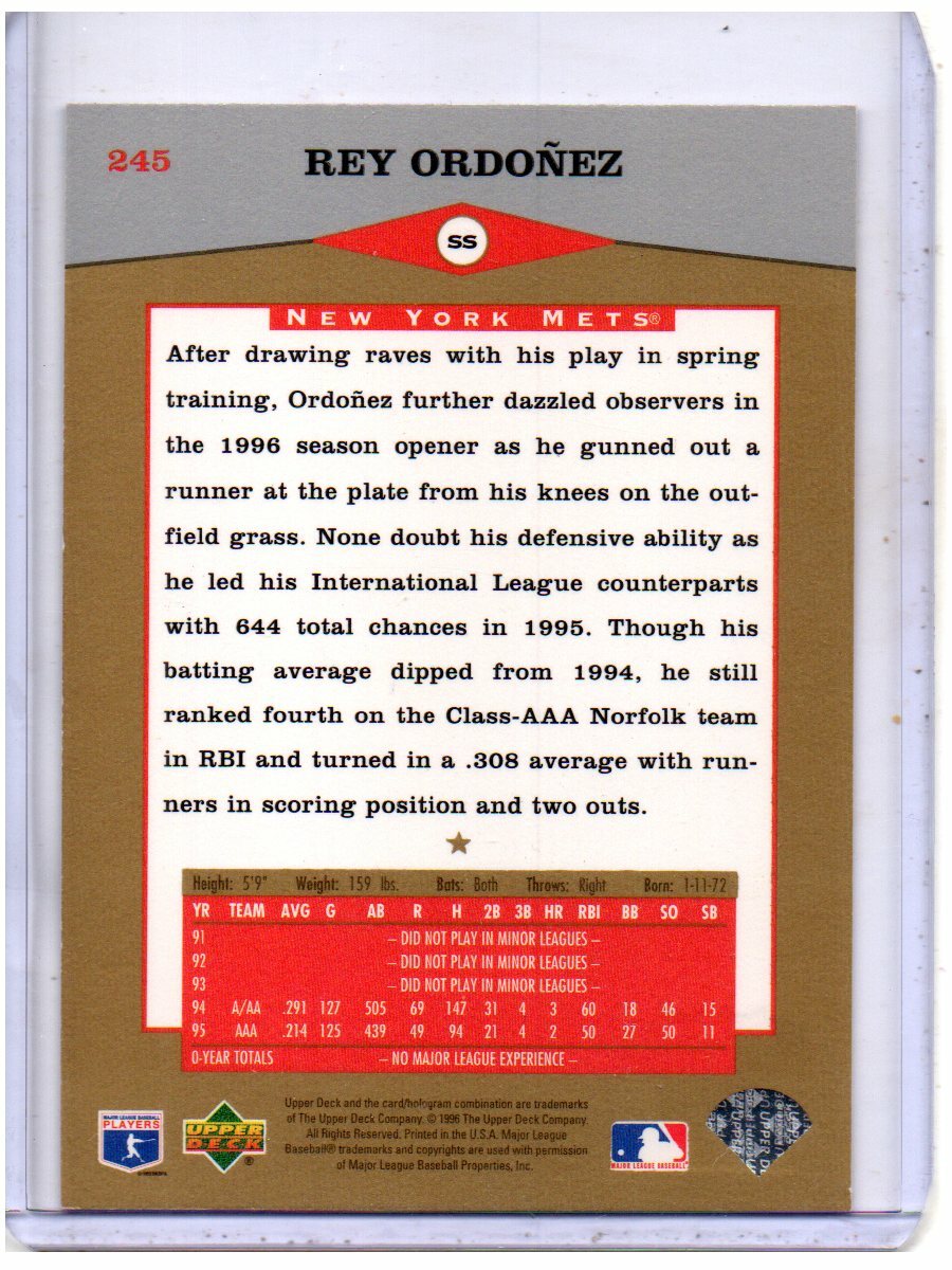 1996 UPPER DECK (STAR ROOKIE) #245 REY ORDONEZ NEW YORK METS | eBay