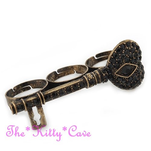 Anillo de nudillos con llave negra de 3 dedos dorado inusual estilo vintage con cristales de Swarovski - Imagen 7 de 10