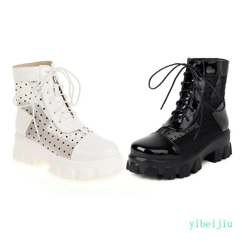 Mujeres Transparente Informal Zapatos de Plataforma Con Cordones Combate Lunares Botines Parte Superior Alta Foto 4 de 4