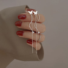 925 Silver Plated Drop Tassel Chain CZ Butterfly Stud Earrings Women Gift S5