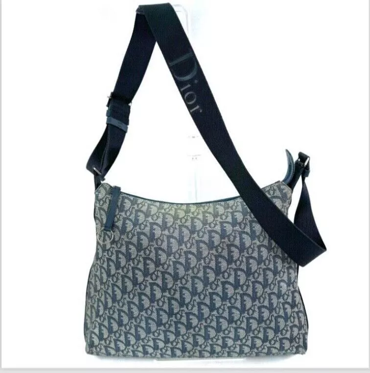 Sac trotteur Dior bandoulière bandoulière cuir toile jacquard bleu marine noir occasion
