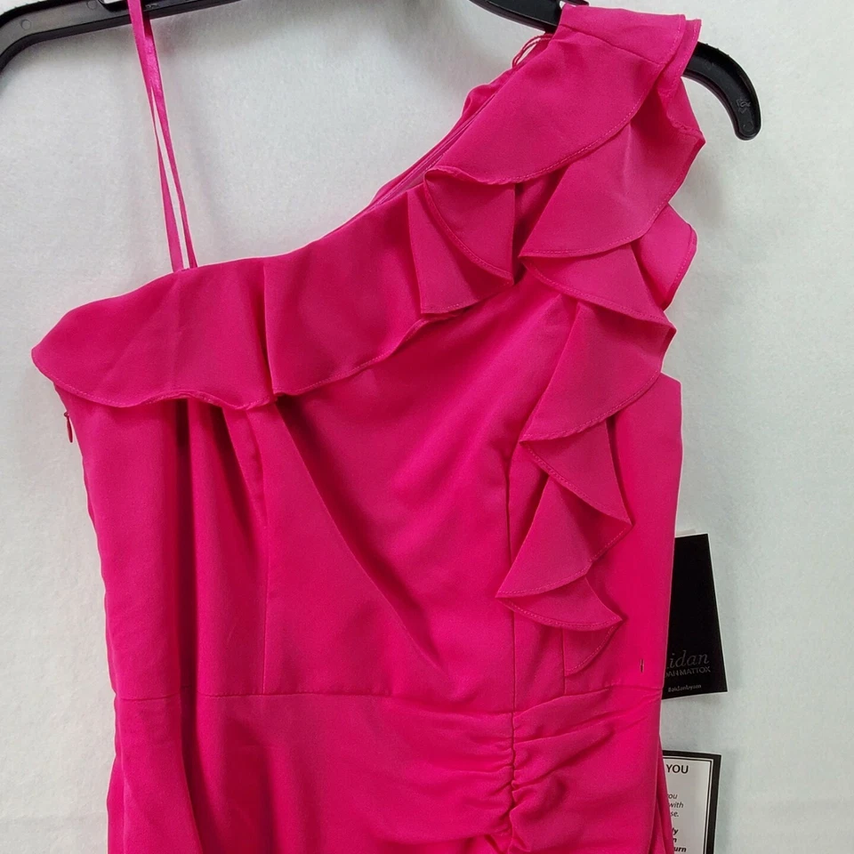 Maxi Vestido Aidan Mattox Mujer Talla 8 Rosa Brillante Un Hombro Alto Lo Volantes Foto 3 de 4