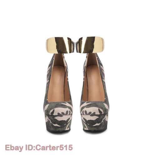 Women Wedge Heels Pumps Camouflage Round Toe Platform Ankle Strap Shoes BIG Size - Picture 14 of 18