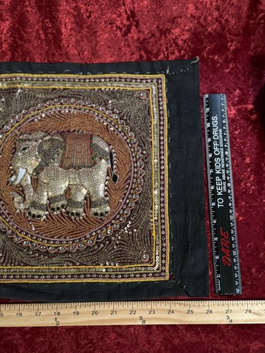Handmade Sequin Double Elephant Tai Burmese Tapestry Gold 26”x14” - Picture 3 of 7