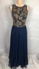 Alyce Designs 100 Silk Blue/ Gold Beaded Sequin Evening Wedding Prom Dress Sz 6