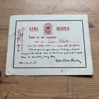 1936 Girl Guides Certificate To Joyce Webster