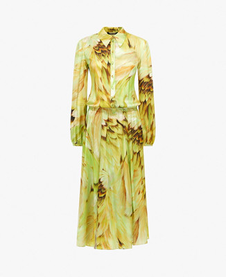 Roberto Cavalli Abstract Green/Yellow Silk Satin Midi Shirt Dress IT 48 Belted