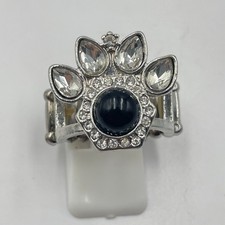 Vintage Y2K Silver Tone Black Cabochon Rhinestone Tiara Crown Stretch Ring Retro