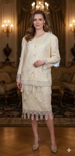 Vintage Mattina T Dress Suit Lace Top Skirt Mother of Bride Cream Color 24