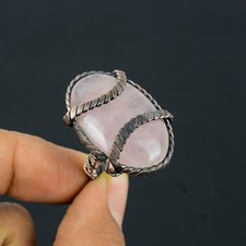 Rose Quartz Handmade Gemstone Copper Wire Wrapped Jewelry Ring Gift For Love