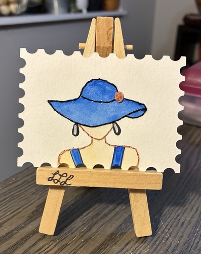 ACEO Original “Lady in Blue” Embroidered Watercolor Signed 2026