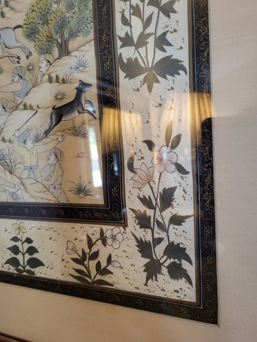 Pintura de seda India Mughal Tiger Hunt enmarcada 25 pulgadas X 19 pulgadas - Imagen 7 de 11