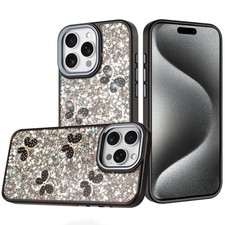 For iPhone 15 Pro Max Case Glitter Flakes w/ Cute Butterflies  2 Tempered Glass