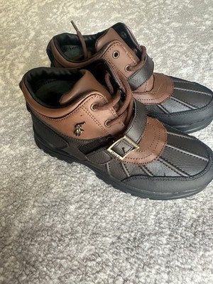 Polo Ralph Lauren Boys Black/Brown Leather Ankle Boots Lace Up Buckle US 4