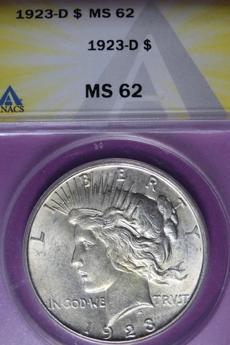 1923 D ANACS MS62 PEACE SILVER DOLLAR #B51467