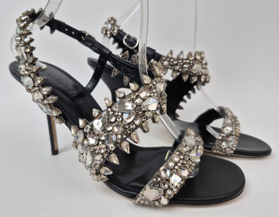 Alexander McQueen Women's Black Crystal Silver High Heel Sandals Size 40 $1490+