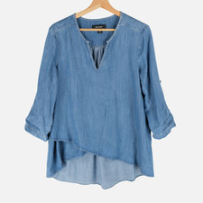 Karen Kane Chambray V-Neck Asymmetrical Hem Tunic Blue Women's Size M