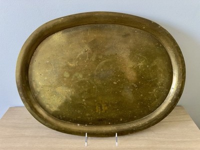 Vintage Hand Hammered Brass Serving Tray   Oval Heavy India   Mid Century Modern