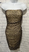 Love J strapless ruched minidress Khaki with black lace mesh overlay NWT size M