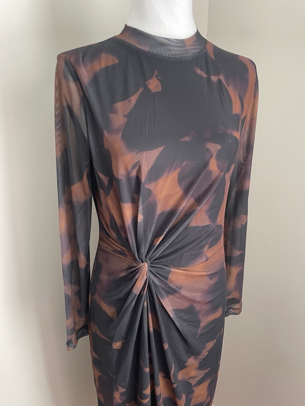 Mint Velvet Dress M Black Brown Mesh Stretchy Midi Sheer Long Sleeve Whimsigoth