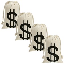 Apipi 4 Pack 6.7" W  9" H Canvas Money Bags, Dollar Sign S-6.7 x9 in, Beige