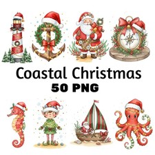 Coastal Nautical Christmas Watercolor Printable Clipart Digital Download