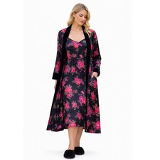 Morgan Taylor Floral Robe & Slip Dress Set L/XL Black Pink Satin Lounge