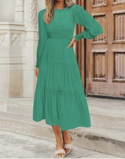 Women's Long Sleeve Crew Neck High Waist Smocked Flowy Tiered Midi Dress Green M