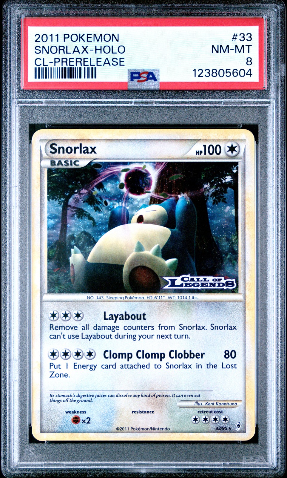 2011 POKEMON CALL OF LEGENDS PRERELEASE #33 SNORLAX-HOLO PSA 8