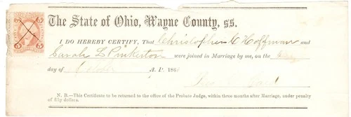 Civil War tax stamp, 1866 marriage Cert. Christopher Hoffman to Sarah Pinkerton