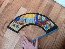Vintage Chinese Hand Painted Scene With Gold Trim Wooden Hand Fan