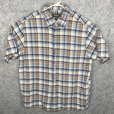 Eddie Bauer Men's Large Relaxed Fit Linen Cotton Plaid Short Sleeve Button Shirt