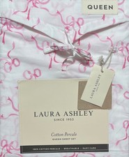 New Laura Ashley 100 Cotton Percale Queen Sheet Set Pink Trailing Bows Ribbons