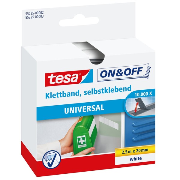 Tesa On & Off Selbstklebendes Klettband, Weiß, 2,5M X 20Mm-image