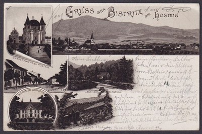 Gruss aus Bistritz am Hostein Kirche Schloss AK Litho Böhmen Bohemia Cesko Czech