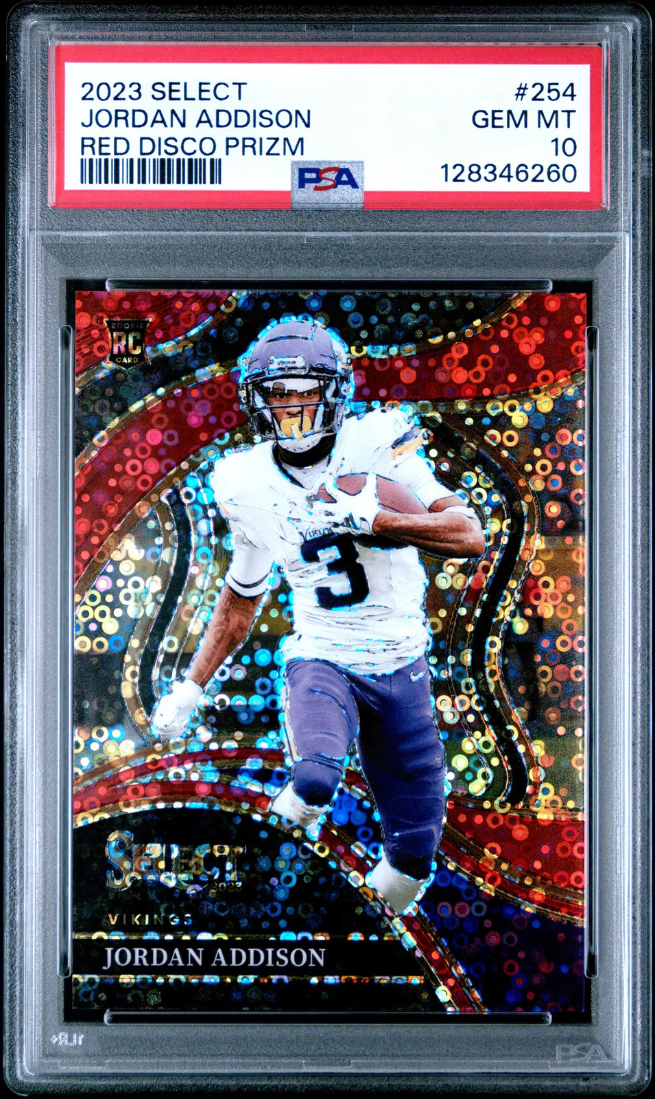 2023 Panini Select Jordan Addison #254 Red Disco Prizm /49 Field Level PSA 10