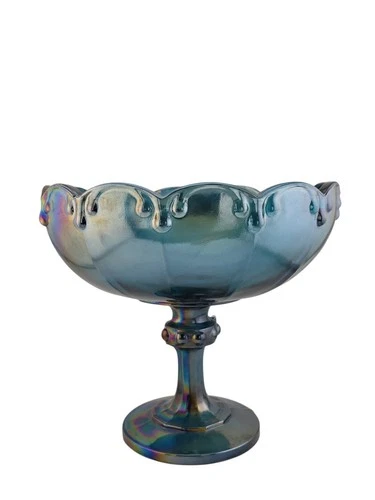 Indiana Blue Iridescent Carnival Glass Pedestal Compote Bowl Vintage Read