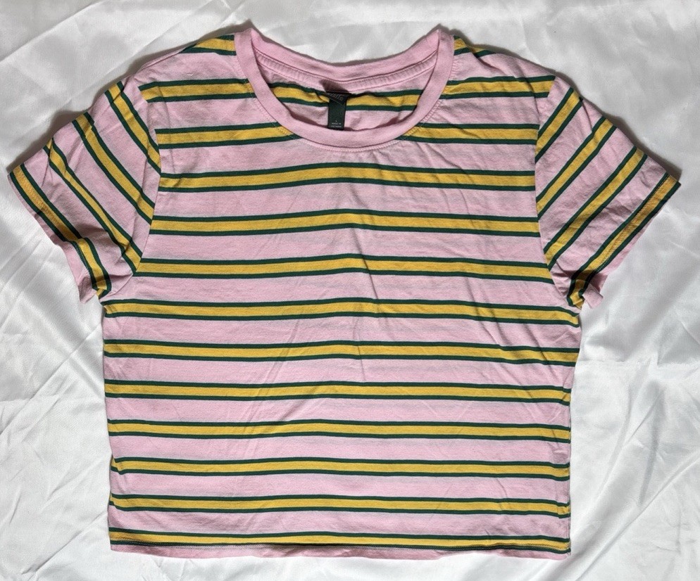 Wild Fable Pink Green Yellow Striped Short Sleeve Boxy T-Shirt Women’s Large Y2K
