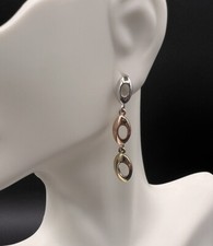 Sterling Silver 3 Tone Silver, Rose Gold, Gold Dangle Pierced Earrings