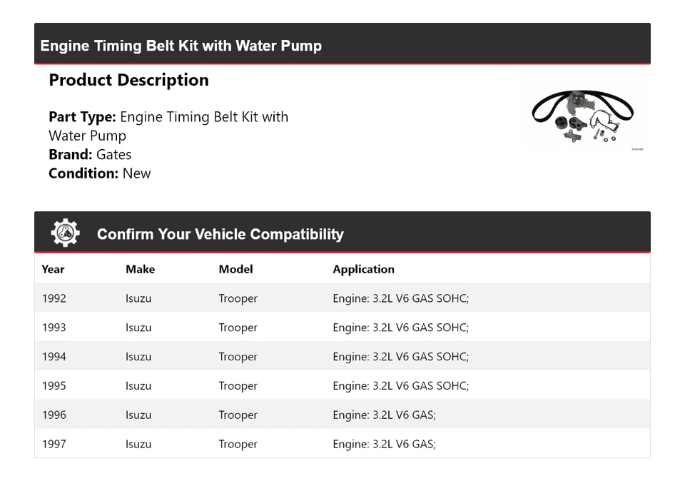 Kit de correa de distribución de motor Isuzu Trooper 1992-1997 con puertas de bomba de agua 1993 Foto 2 de 4
