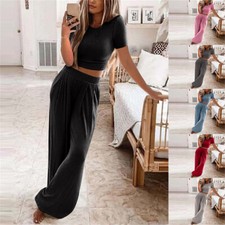 Womens 2 Piece Outfits Sweater Sets Knit Short Sleeve Tops Elastic Waisted Pants