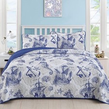 DJY Blue Quilt Set Queen Coastal Beach Quilt Coverlet Set Nautical Seahorse B...