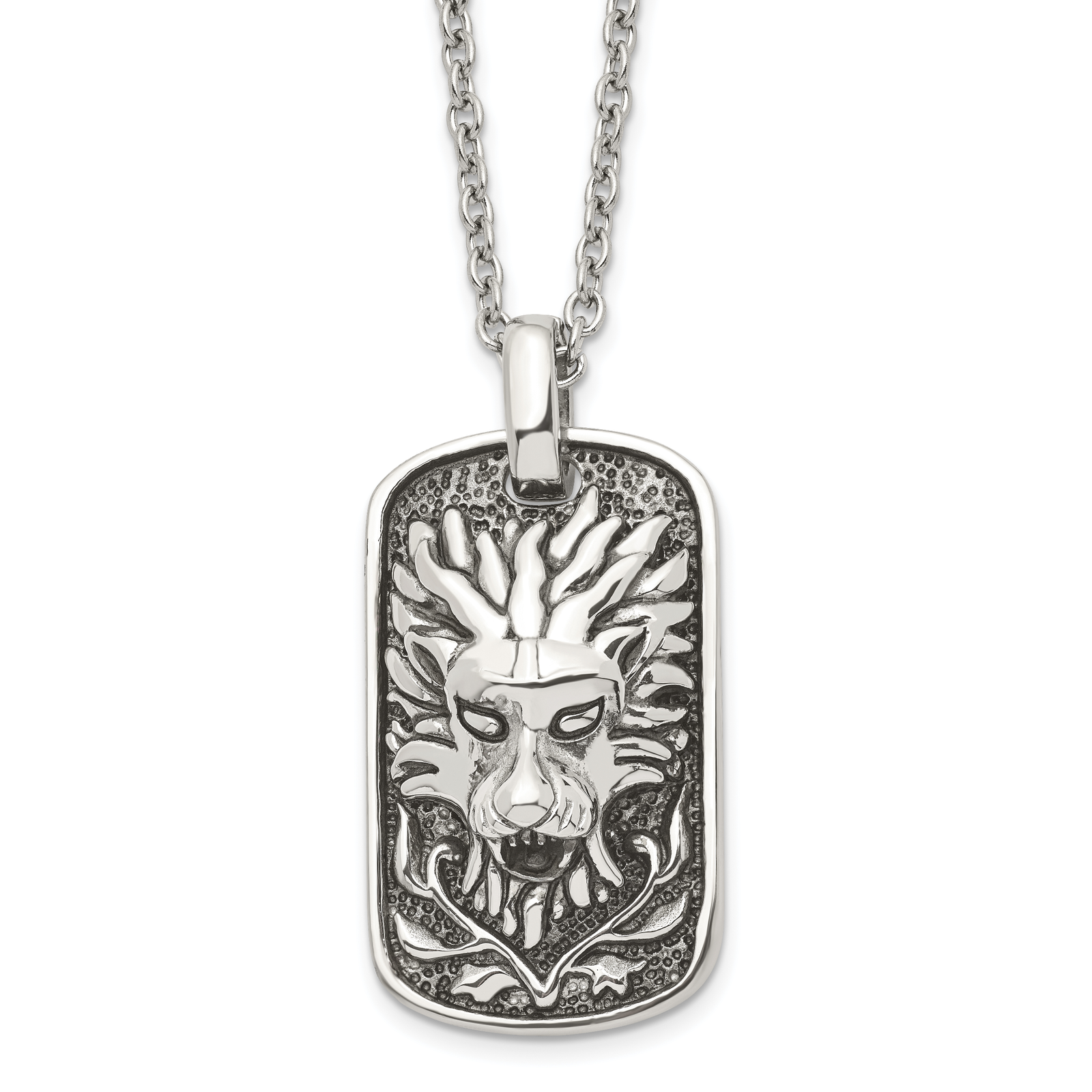 Chisel Stnls Steel Antiqued and Mystical Lion Dog Tag Cable Chain Necklace 22