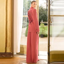 Occiden American Womens Hollow Out Embroidery Suit Jacket Long Straight Pants Sz