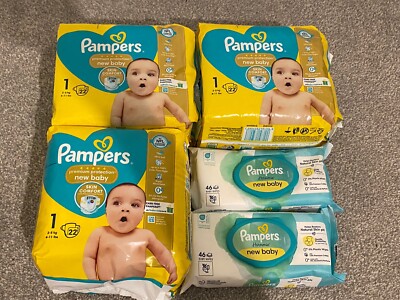 Pampers Premium Größe 1 Neugeborene 2-5 kg insgesamt 66 Windeln Neu Baby Feuchttücher X2 UK