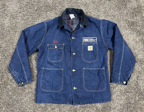 Vintage Carhartt Work Jacket Blue Denim Blanket Lined Chore Button Up 40 L “Dan”